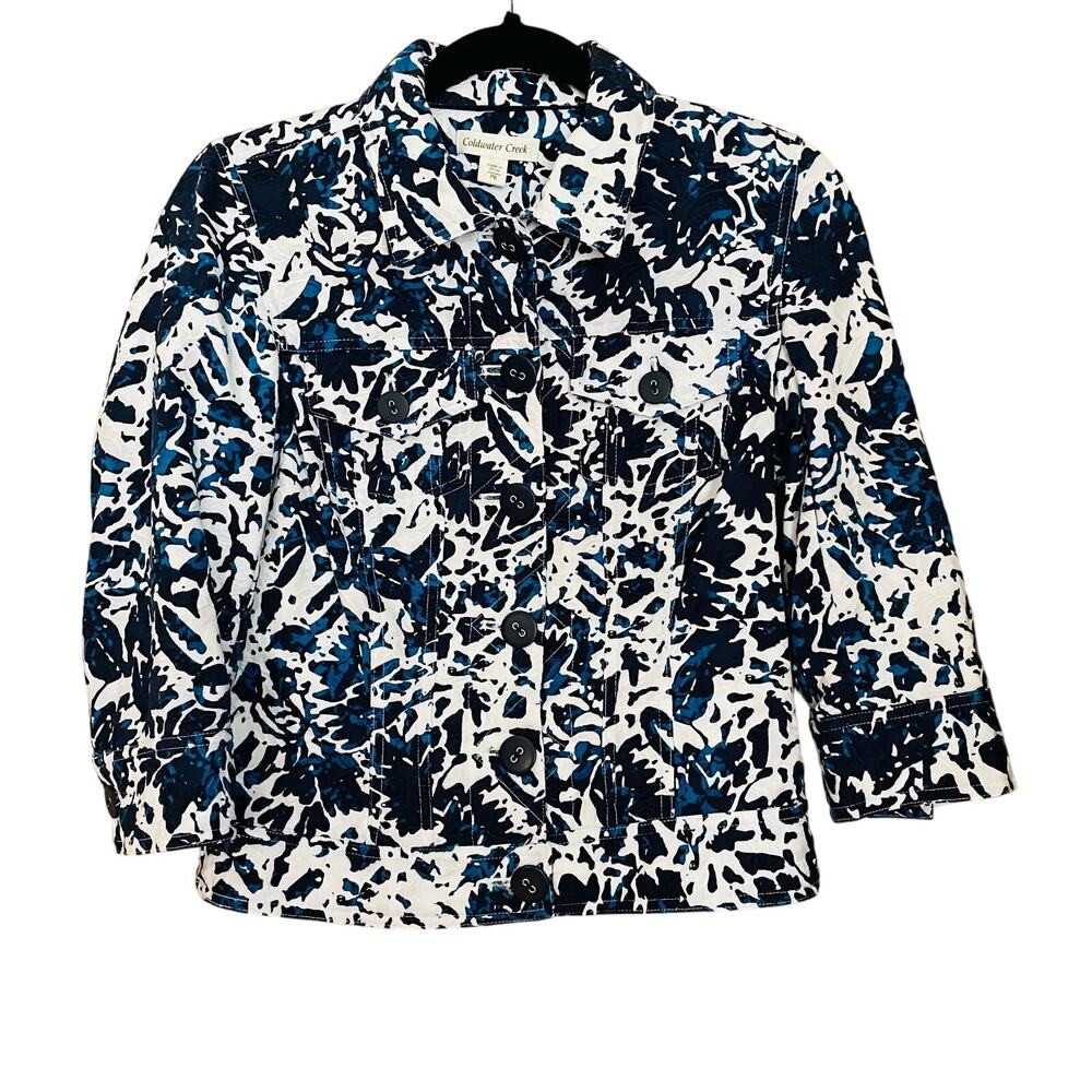 Coldwater Creek Womens 8P Blue White Jacquard Cotton Jacket Artsy Boho